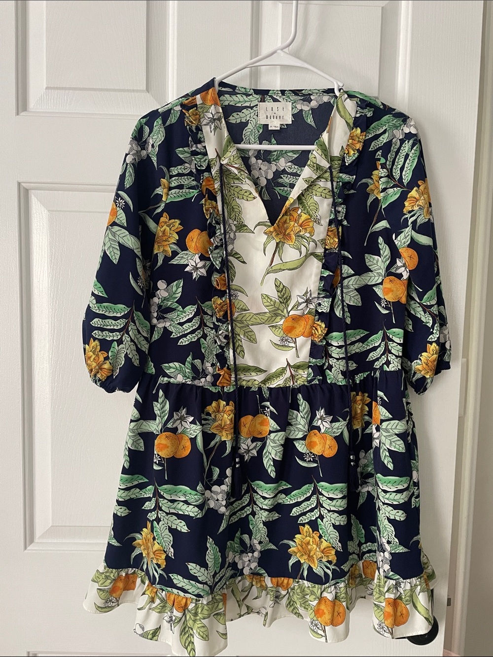 Anthropologie Lost + Wander Navy Mini Dress with Orange & Green Botanical Print